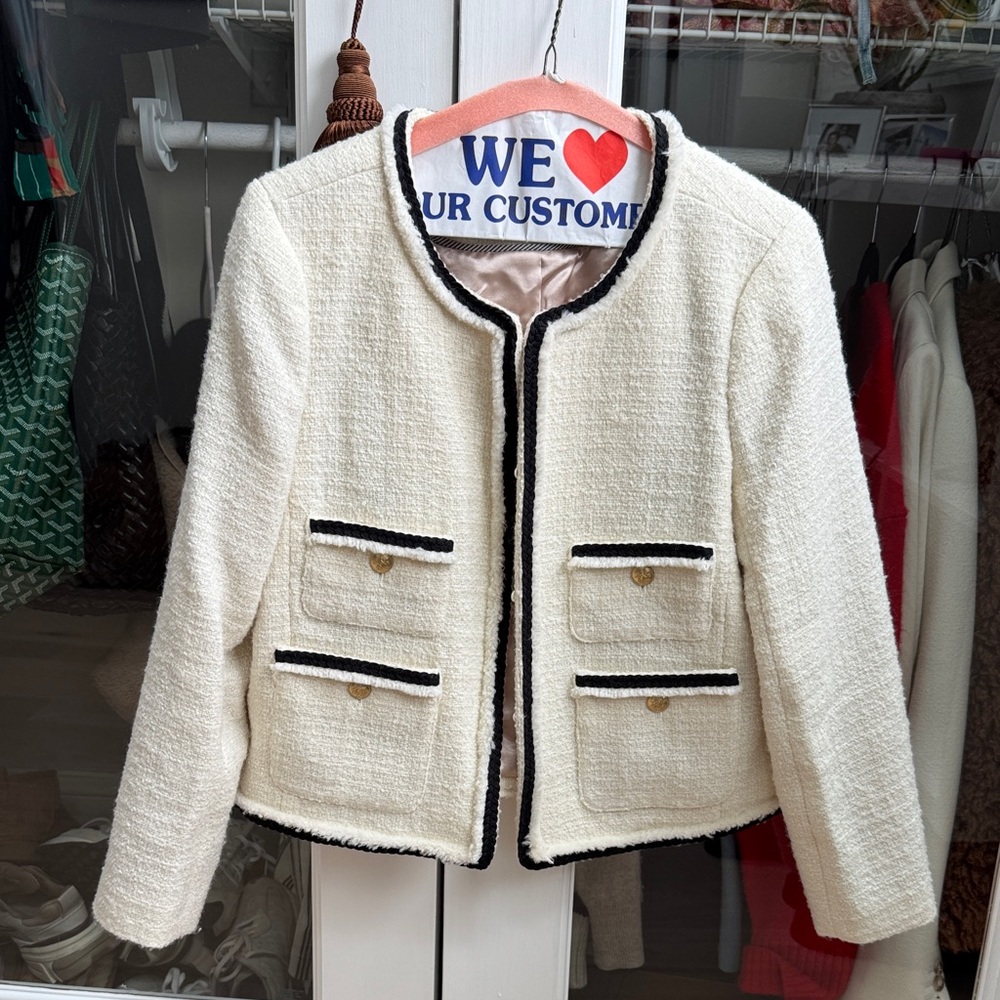 Jcrew Classic Cream Tweed Jacket with Black Trim